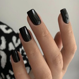 Black Press on Nails Medium Short Square,Xcreando Glue on Nails Solid Glossy Medium Nails Full Cover Acrylic Fake Nails for Women and Girls Daily Wear 24 Pcs