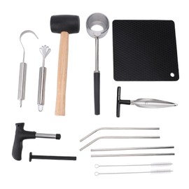 Coconut Opener Tool Set Stainless Steel Coconut Shell Puncher Cutter Rubber Hammer Kit with Straw Mat