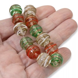 Hackberry Creek Set of 12 Christmas Lampwork Beads, Red, Green, White Swirl, 12mm Round