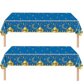 2Pcs Ramadan Table Cloth for Eid, 130*220cm Blue Gold Plastic Moon Star Tablecover, Disposable Rectangular Table Cover for Mubarak Islam Muslim Decor