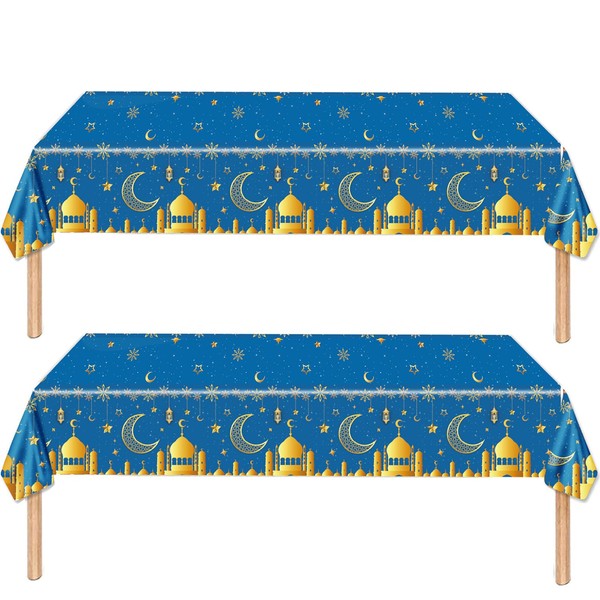 2Pcs Ramadan Table Cloth for Eid, 130*220cm Blue Gold Plastic