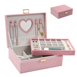 Dajasan Jewelry Boxes for Women Girls, Jewelry Organizer Box, 2-Layer Large Velvet Jewelry Organizer for Rings Necklaces Bracelets Watch Earring（Pink）