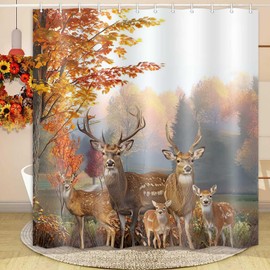 JAWO Fall Shower Curtain, Whitetail Deer Shower Curtain Rustic Hunting Country Wild Animal Shower Curtain Fall Woods Farmhouse Autumn Elk Cabin Shower Curtain Set with Hook, 72X72inch