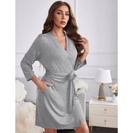 Ekouaer Lightweight Robes for Women Knee Length Short Knit Bathrobe Soft Sleepwear Comfy Sleep Robes with Pockets Light Grey M