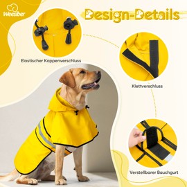 Weesiber Dog Raincoat, Reflective Dog Raincoat with Lead Hole, Waterproof Rain Jacket Dogs Adjustable Dog Poncho with Hood (XL, Yellow)