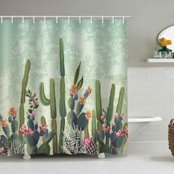 IcosaMro Cactus Shower Curtain for Bathroom with 12 Hooks Cacti