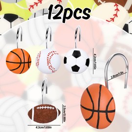 JarThenaAMCS 12Pcs Sports Ball Shower Curtain Hooks Football Basketball Baseball Soccer Curtain Rings Decorative Curtain Hanger Hooks for Living Room Bedroom Bathroom Decor, 4 Designs