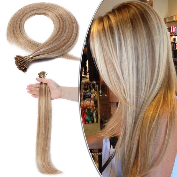 Elailite I Tip Stick Extensions Hair Thickening Bondings Hair Pieces 100% Real Hair 50 g 100 Strands 20 Inches 50 cm #12/613 Golden Brown and Bleached Blonde