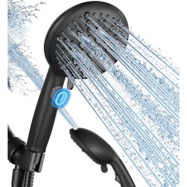 Cobbe High Pressure Shower Head with Built-in Pause Button, 9-Function Detachable Showerhead with Handheld Brass Swivel Bracket & Stainless Steel Hose, Water Saving 1-Click Stop, Black
