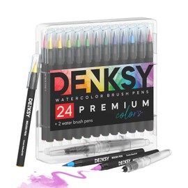 DENKSY Watercolor Paint Pens with Flexible Brush Tip, 24 Vibrant Soft Tip Coloring Markers with 2 Blending Brushes, Paint Markers for Artists and Beginners