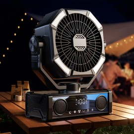 Portable fan rechargeable with 5.3 Bluetooth Speaker, 25000mAh Camping Fan with 5 Speed Touch Control & 3-Mode LED Light, Remote, USB/Type-C Ports, 1-8H Timer for Party, Travel, BBQ, Indoor, Outages