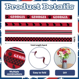 Threetols 4 Rolls 20 Yards Georgia Ribbons, 3/8" Red Black Grosgrain Ribbon with Paw Prints and Georgia State Pattern for Wrapping, Crafts, Sports Events, Graduation and Game Day Party Decorations