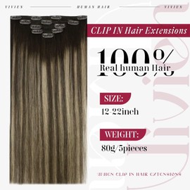 Vivien Hair Extensions Real Hair Clips Ombre Clip-In Extensions Real Hair Balayage Medium Brown to Honey Blonde Human Hair 22 Inches 80 g 5 Pieces