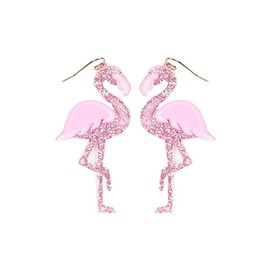 Lightweight Flamingo Dangle Earrings - Flamingo, Sparkly Rhinestone, Hook Earrings, Unique Charm, Filigree, Glitter Hoop (Light Pink, Base Metal)