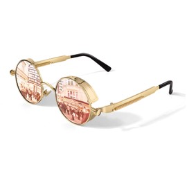 GQUEEN Retro Round Steampunk Polarised Sunglasses Men Women UV400, MTS2, 1 Gold Pink