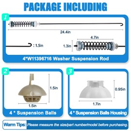 Upgraded W11396716 Washer Suspension Rod Kits Set (4Pcs)-24.4in,Compatible with Whirlpool Kenmore Maytag Washing Machine Suspension Rod Kit,Replaces W11171694 MVW6200KW2 WTW5100H WTW6120H MVW5430M