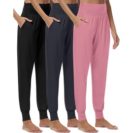 Ficerd 3 Pack Women's Lounge Pants, Cozy Yoga Joggers with Pockets High Waisted Workout Sweatpants Lightweight Comfy Pants(Medium,Black, Dark Gray, Pink)