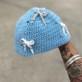 Women's Blue Crochet Safety Pin Beanie Hat - Hand Crocheted, One Size Fits All