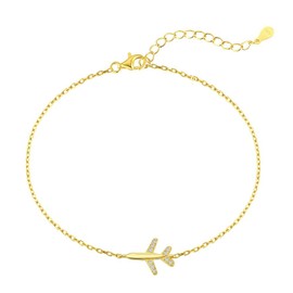 Cubic Zirconia Airplane Bracelet for Women 925 Sterling Silver Fly Plane Delicate Bracelets Minimalist Adjustable Statement Hypoallergenic Chain Jewelry (Gold)
