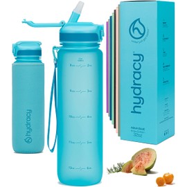 Hydracy Water Bottle with Times to Drink & Straw - Large 1 Litre BPA Free Motivational Water Bottle & No Sweat Sleeve -Leak Proof Gym Bottle with Time Marker - Ideal for Fitness, Sports & Outdoors