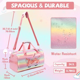 Overnight Bag for Kids, VASCHY Large Capacity Travel Duffle Bag for Girls Lightweight Holdall Bag Weekender Bag with Shoes and Seperated Dry Wet Compartment for School, Dance, Sport(Rainbow Unicorn)