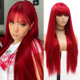 EVLYNN Red Wig With Bangs Straight wig cap for Women Synthetic Burgundy Long Straight Red Wigs for Fashion Women No Lace Wig for Daily Party Cosplay 26 Inch