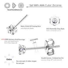 Sllaiss 925 Sterling Silver Austria Cubic Zirconia Tiny Stud Earrings for Women Men,Round-Cut 6-Prongs S925 CZ Earrings,Fine Jewelry for Anniversary 3mm