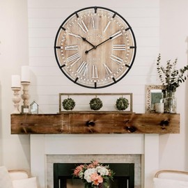 EMAX HOME 20 Inch Large Farmhouse Wall Clock, Rustic Antique Wood with Metal Circle and Large Engraved Numerals, Silent Battery Operated Wall Clock for Office Kitchen Bedroom Living Room