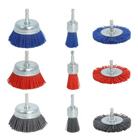 9-teiliges Nylonbürsten Bohrmaschinen Set – Schleifbürsten Aufsatz zum Entrosten, Entlacken, Reinigen von Metall, Holz, Kunststoff, Stein – Rundbürsten & Topfbürsten