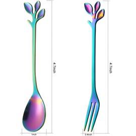 AnSaw 5-Pieces Small Coffee Spoons and 5-Pieces Desserts Forks, 4.7-inch Stainless Steel With Leaf Handle (Rainbow)