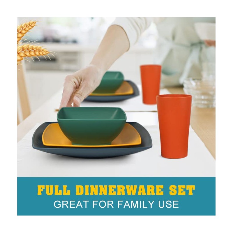 Teivio 48-piece Wheat Straw Square Dinnerware Set for 12, Unbreakable