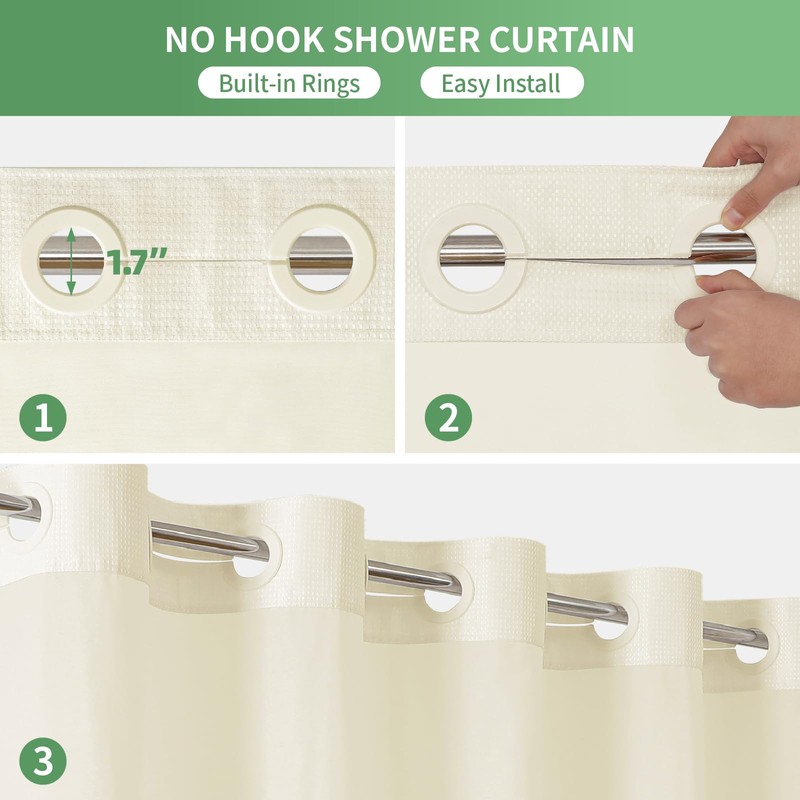 eachope Cream No Hook Shower Curtain with Snap-in Fabric Liner