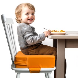 Booster Seat for Kitchen Chair (PU Material),Toddler Booster Seats for Dining Table Portable for Travel Camping Eating Double Safe Straps Non-Slip Bottom (Orange)