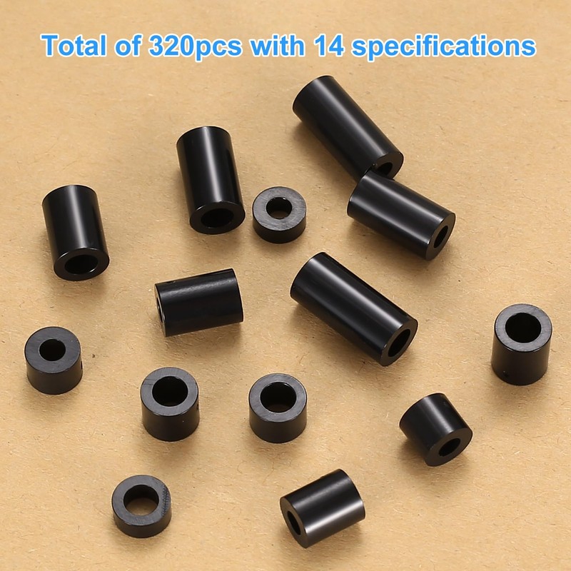 320 Pcs Nylon Round Spacers Washers Assortment Kit, Black Plastic