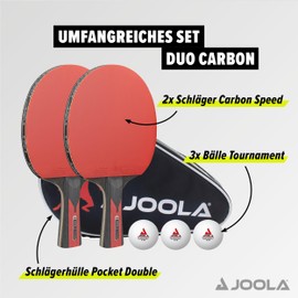 JOOLA Tischtennis Set Duo Carbon 2 Tischtennisschläger + 3 Tischtennisbälle + Tischtennishülle, rot/schwarz, 6-teilig