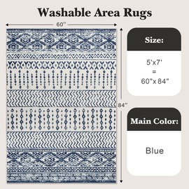Art&Tuft Area Rug 5x7, Super Soft Ultra-Thin Moroccan Washable Rug, Anti-Slip Backing Rugs for Living Room, Foldable Geometric Machine Washable Area Rug(5'x7', Navy)