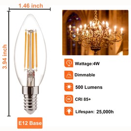 Rnyloas B11 LED Bulb Dimmable, 6 PCS High Output B11 Candelabra LED Bulbs 2700K Warm White 4W Equivalent 60W 120V, No Flicker LED B 11 Filament E12 Base Bulb for Chandeliers and Ceiling Fans Decor.