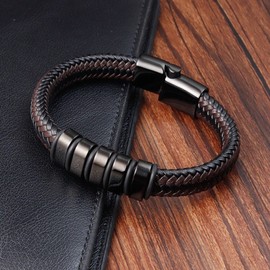 Unbranded Men's Leather Wrap Braided Bracelet Bangle Titanium Steel Magnetic Clasp