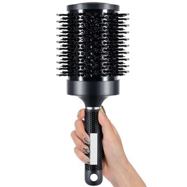 SIMPOR Round Brush, Nano Thermal Ceramic & Ionic Tech Round Barrel Hair Brush with Boar Bristles, Roller for Blow Drying, 4 Free Clips (Black, 4 inch, Barrel 2.7 Inch, 65mm)