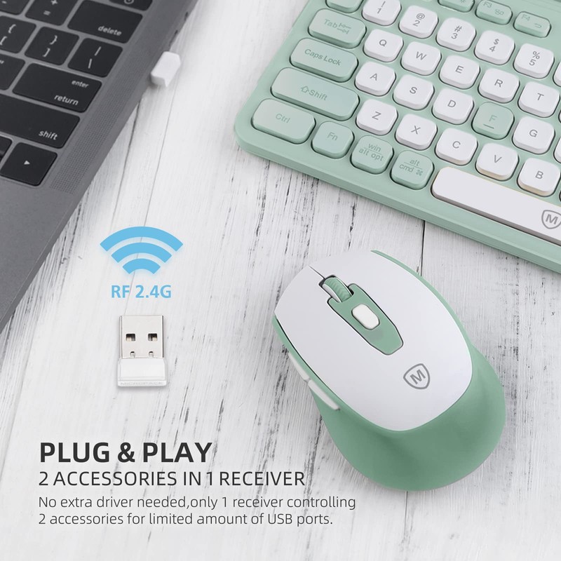 Green Wireless Keyboard and Mouse Combo, 2.4G Ergonomic Wireless Computer