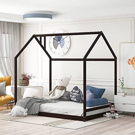 Montessori House Bed Twin for Kids , Toddler House Bed with Roof,Wood Floor Bed Frame for Girls Boys Bedroom Furniture, Box Spring Needed,Espresso