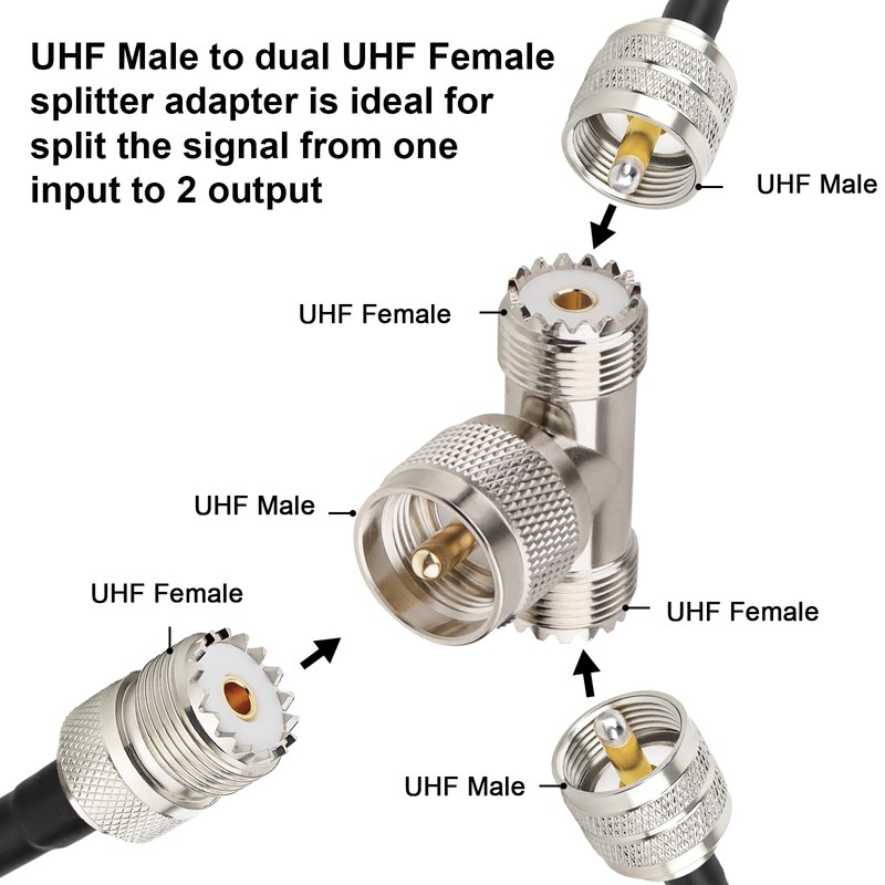 UHF Male to UHF Female T-Connector Adapter 2 PCS, PL259