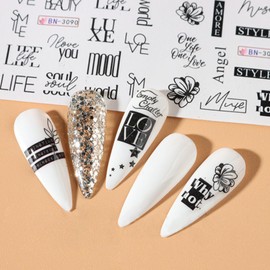 12 Sheets Self Love Water Transfer Nail Decals Fresh Nail Stickers with Assorted Patterns Colorful Blossom Flower Leaf Heart Lip Cat and Word DIY Nail Art Watermark Nail Designs Manicure Stickers(31)