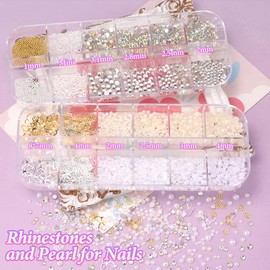 3 Boxes Colorful Flower Bow Tie Nail Charms and Gems, Mixed Sizes Tiny Flowers for Nails Flowers Nail Art Charms, Half Pearls Caviar Beads Gems Rhinestones Charms for Acrylic Nails Art Supplies