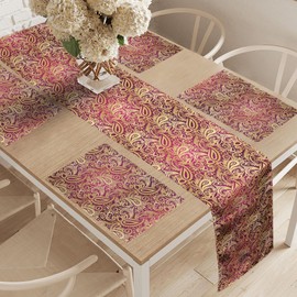 ABAKUHAUS Yellow Damask Table Runner & 4 Piece Placemats, East Oriental Art Hand Drawn Repeating Paisley Leaf Pattern Table Decoration Set, 180 x 40 cm, Magenta and Yellow