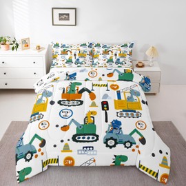 Erosebridal Dinosaur Construction Comforter, Kawaii Dino Toddler Comforter Set Construction Bedding Tractor Bedding Queen, Cartoon Excavator Toddler Bedroom Set Cute Room Decor