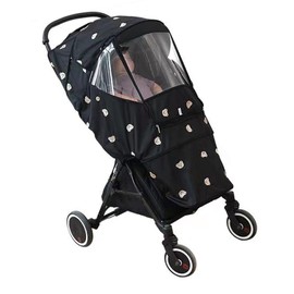 Stroller Rain Cover Windproof Waterproof Cute Bear Pattern Stroller Cover for Outdoor Walking Traveling Black