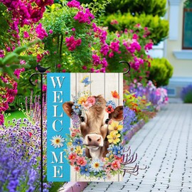 PIPISASA Spring Garden Flag Funny Cattle Ox Cute Animals Welcome Spring Holiday Decorations Burlap Vertical Double Sided Farmhouse Yard Lawn Outdoor Decor 12.5 x 18 Inch