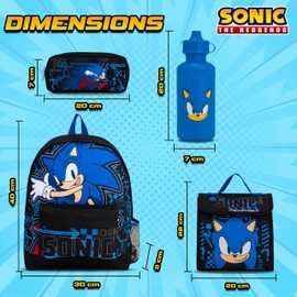 Sonic The Hedgehog Backpack 4 Piece School Set with Lunch Bag, Pencil Case & Water Bottle | Boys Rucksack with Padded Adjustable Straps – Back to School Supplies
