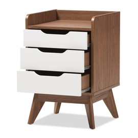 Baxton Studio Maddy Mid-Century Modern Wood 3-Drawer Storage Nightstand, White/Walnut Brown